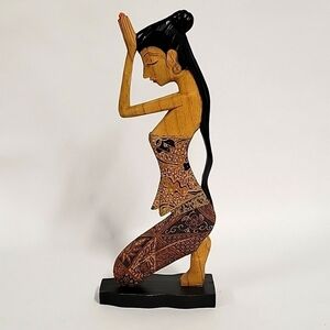 Bali Praying Woman Carved Wood, Decoupage Sculpture